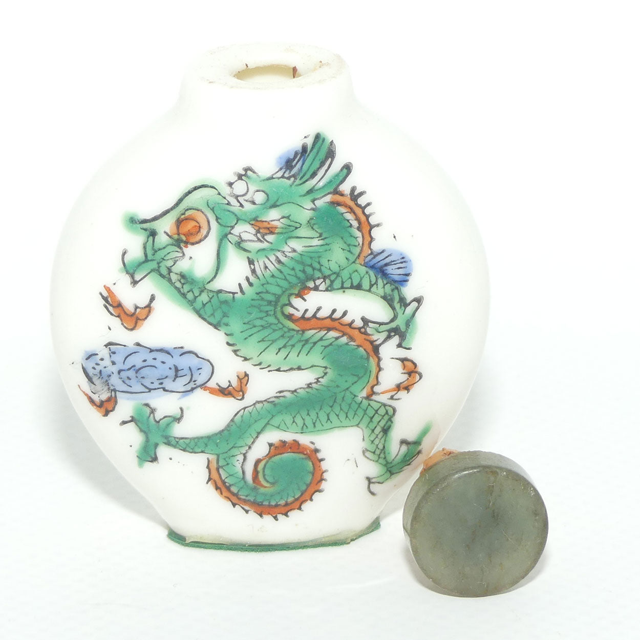 Chinese round shape snuff bottle with greenstone stopper | Dragon Scene