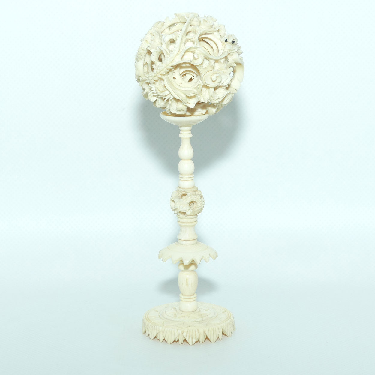 Carved Ivory Puzzle Ball on stand | Dragon with Black Eyes | 16.5cm tall