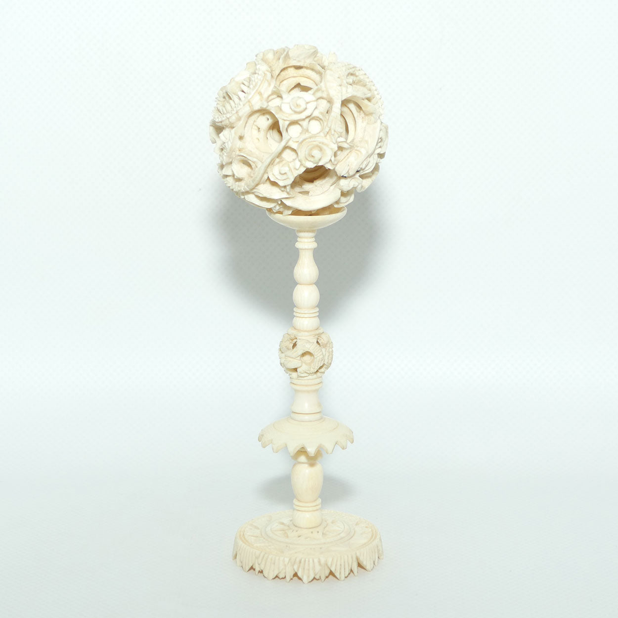 Carved Ivory Puzzle Ball on stand | Dragon with Black Eyes | 16.5cm tall