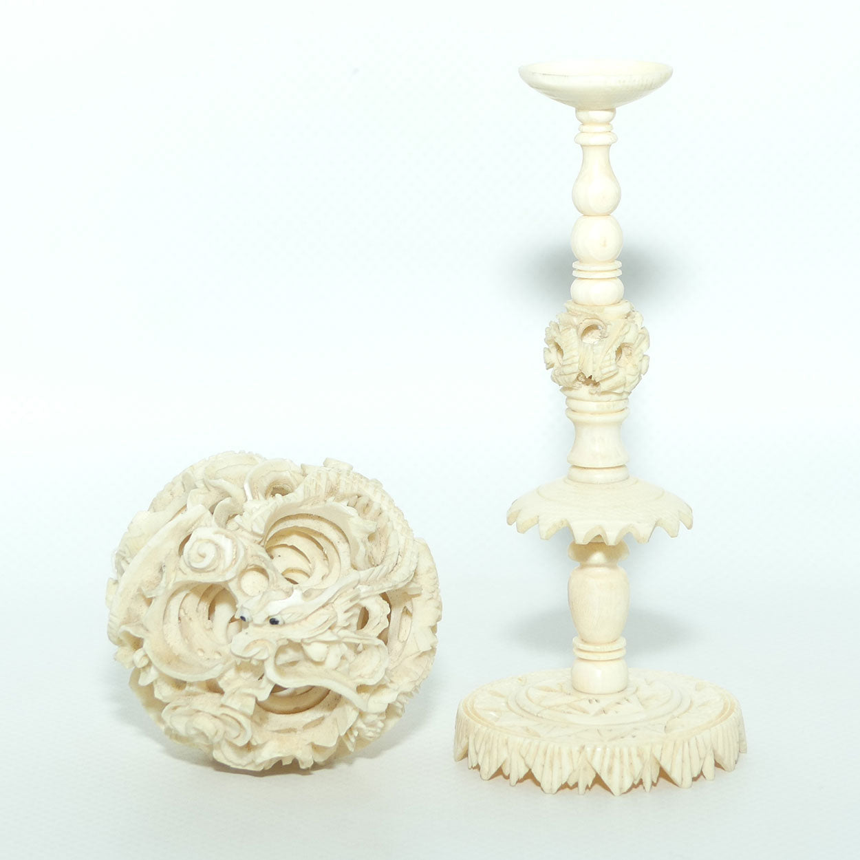Carved Ivory Puzzle Ball on stand | Dragon with Black Eyes | 16.5cm tall