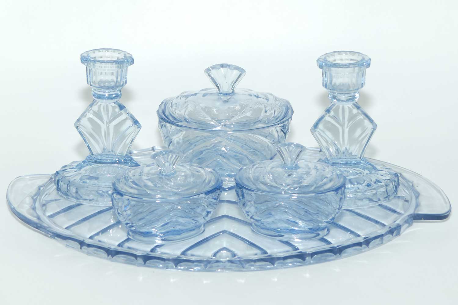 Art Deco Ice Blue Glass dressing table set Art Deco Ice Blue Glass dressing table set