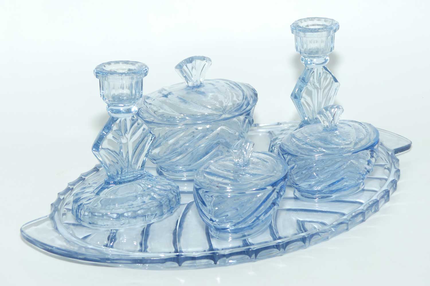Art Deco Ice Blue Glass dressing table set