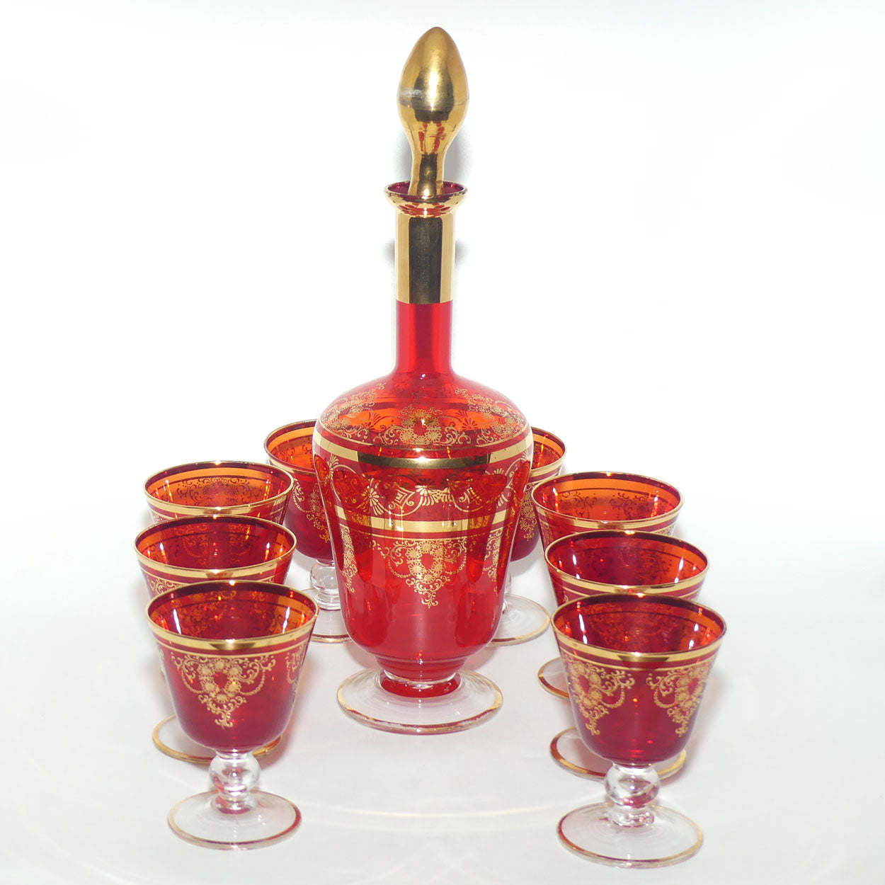 Vintage Retro | Mid Century Ruby Glass decanter and 8 glasses