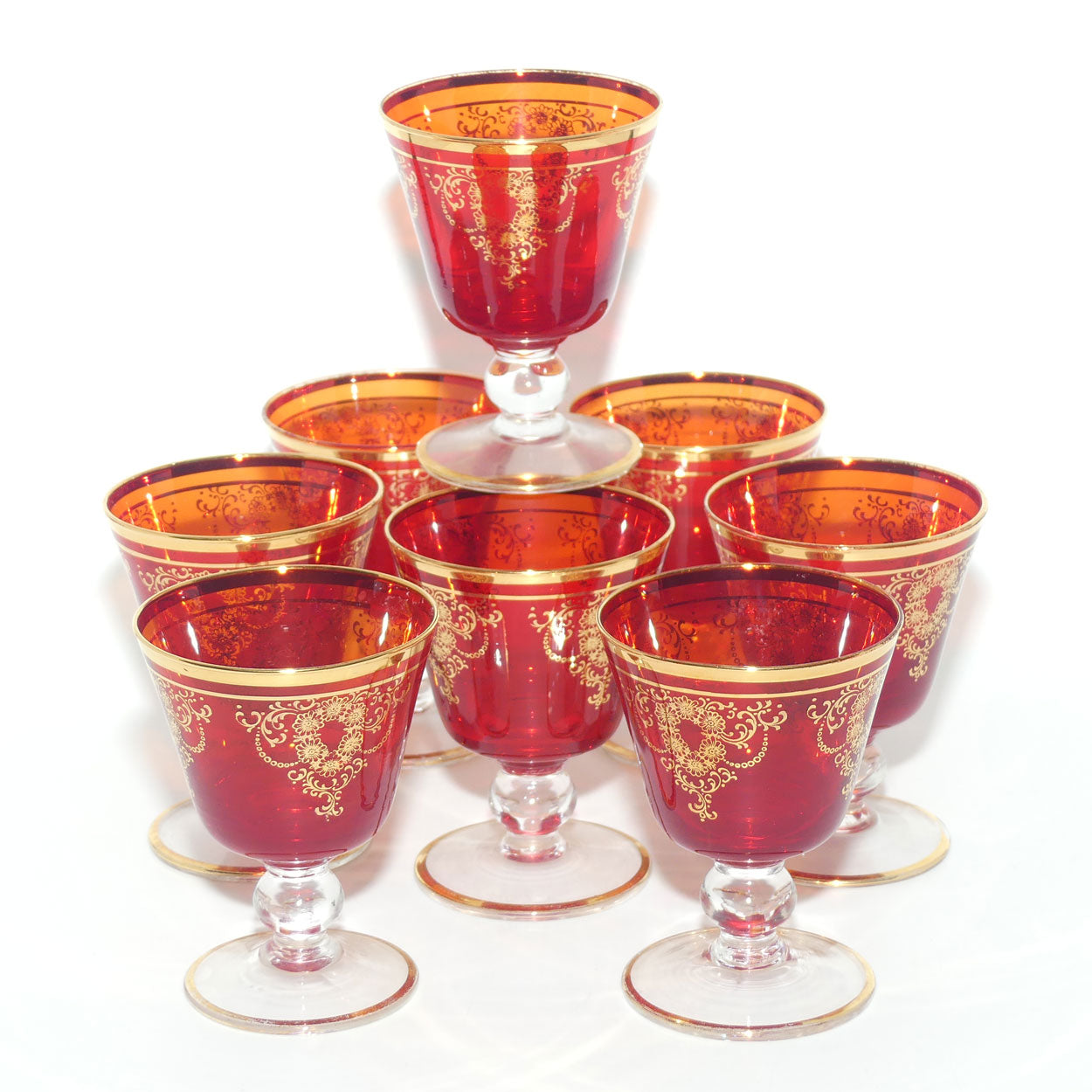 Vintage Retro | Mid Century Ruby Glass decanter and 8 glasses