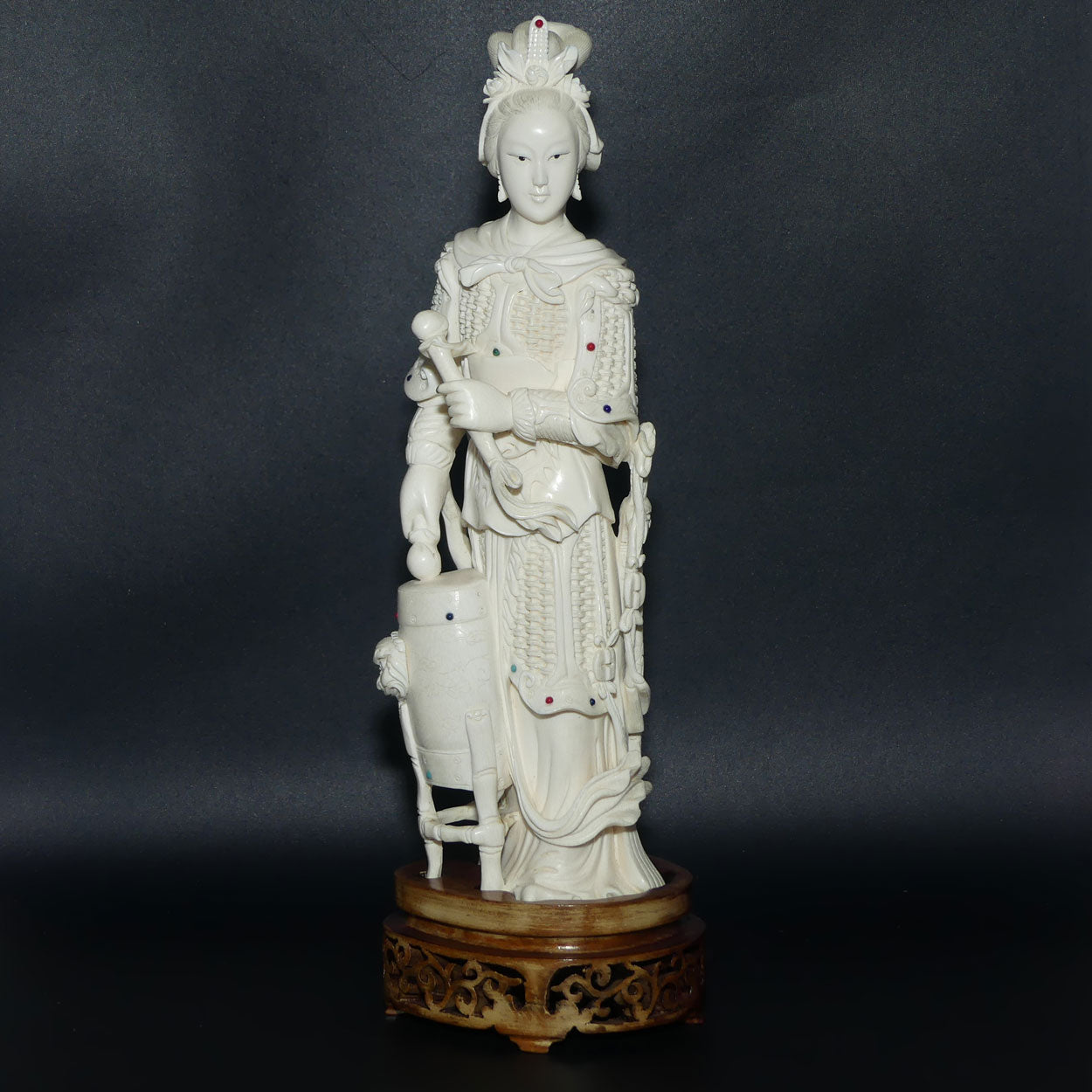 Magnificent Chinese Carved Ivory figure of Woman in Military Attire with Drums | Set with Semi precious Stones