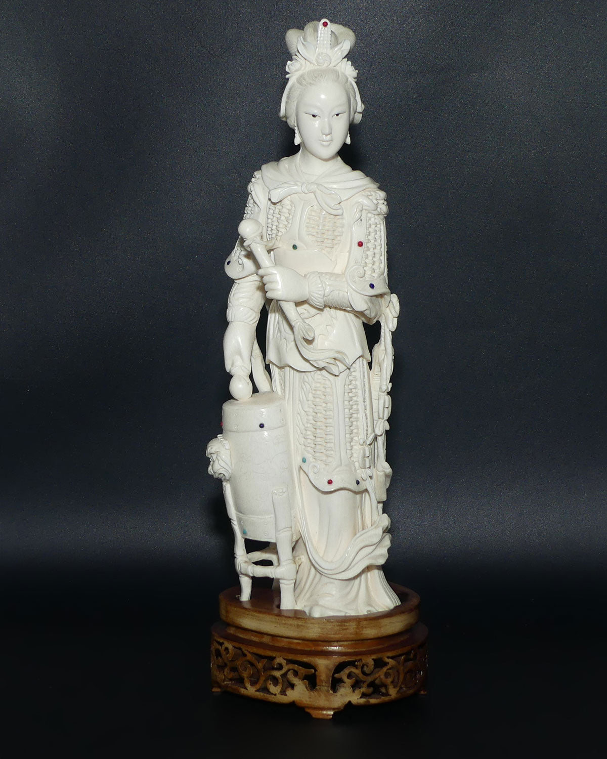 Magnificent Chinese Carved Ivory figure of Woman in Military Attire with Drums | Set with Semi precious Stones