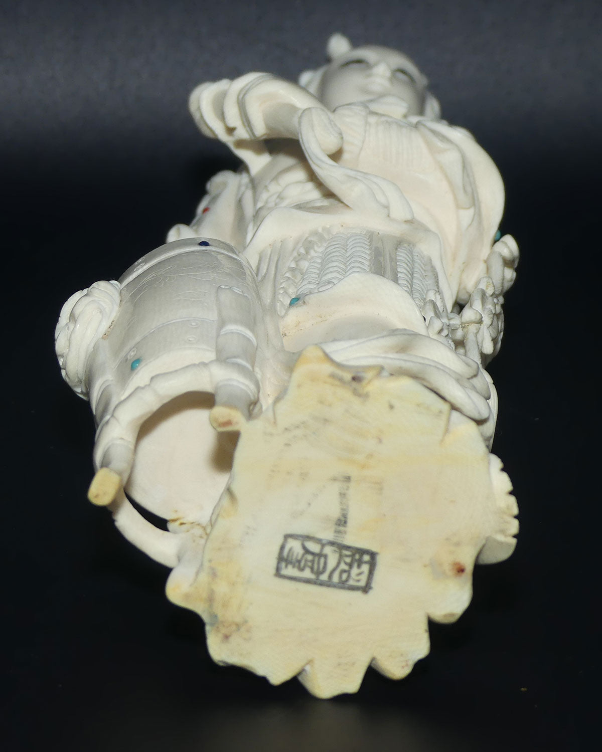 Magnificent Chinese Carved Ivory figure of Woman in Military Attire with Drums | Set with Semi precious Stones