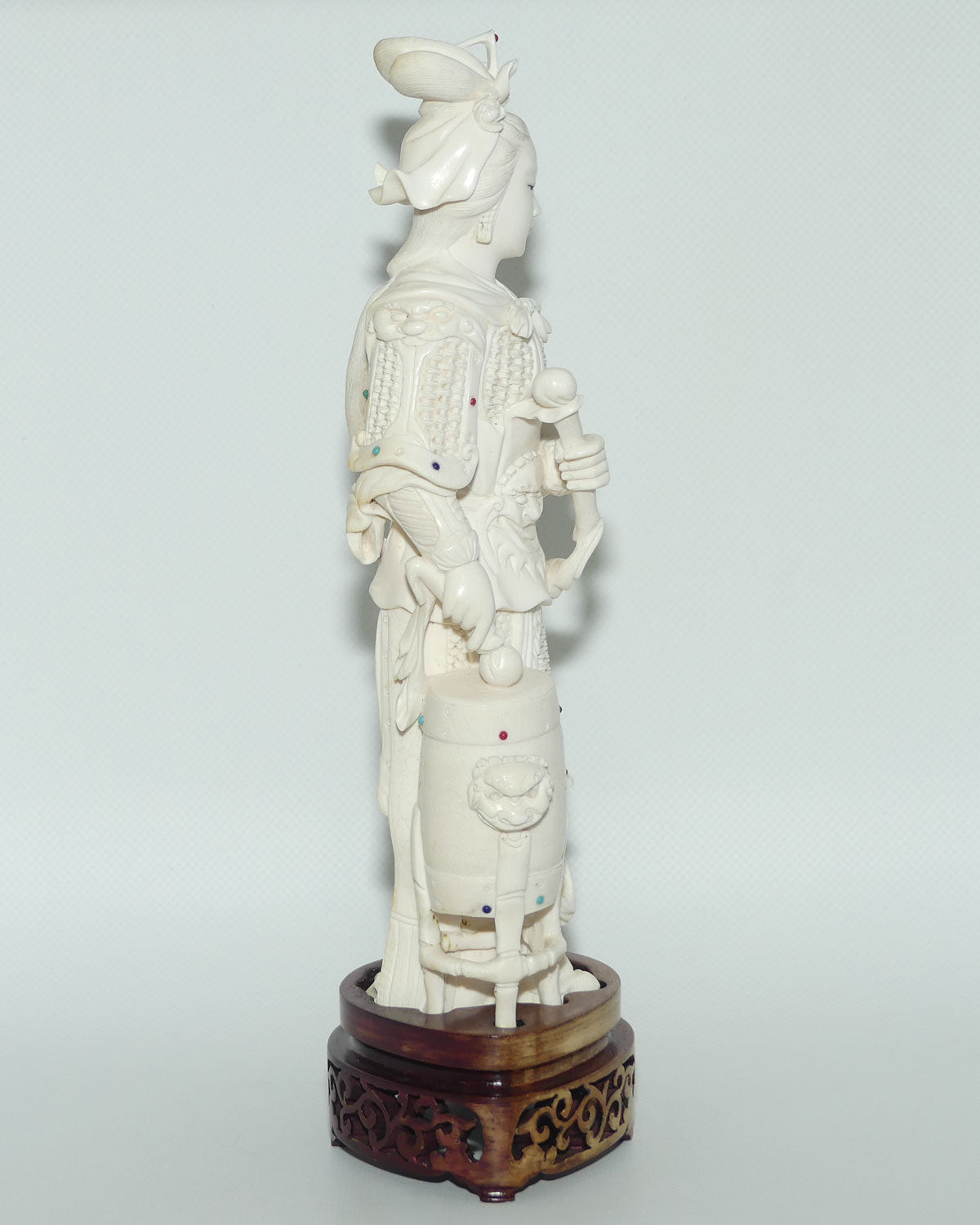 Magnificent Chinese Carved Ivory figure of Woman in Military Attire with Drums | Set with Semi precious Stones