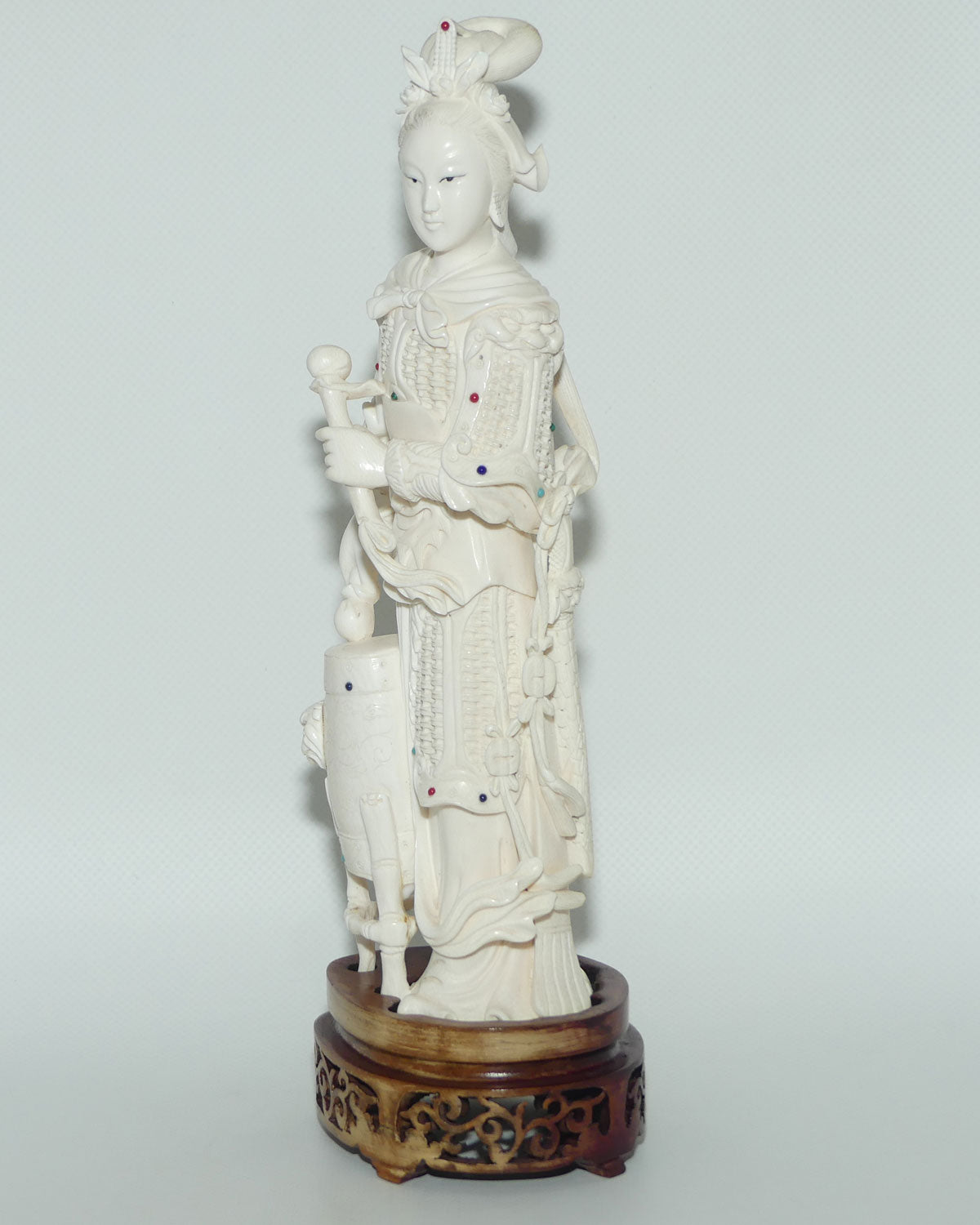 Magnificent Chinese Carved Ivory figure of Woman in Military Attire with Drums | Set with Semi precious Stones