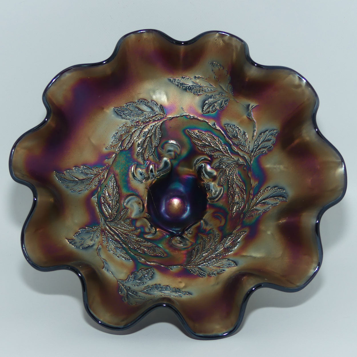 Dugan Amethyst Carnival Glass tri footed bowl | Cherries