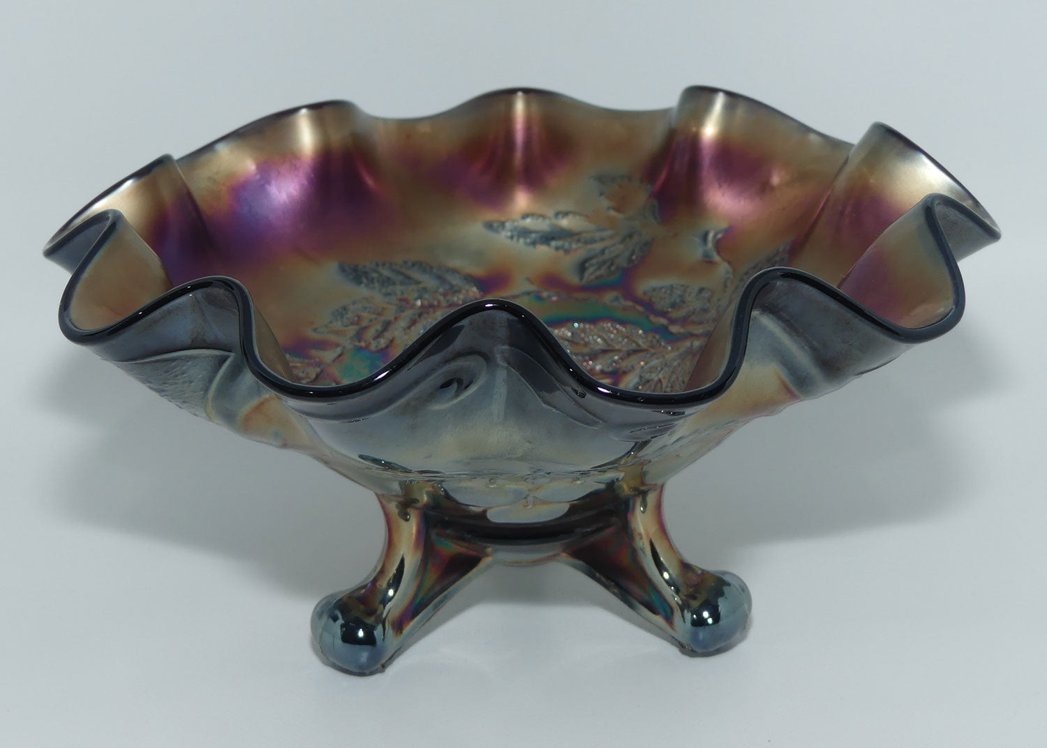 Dugan Amethyst Carnival Glass tri footed bowl | Cherries