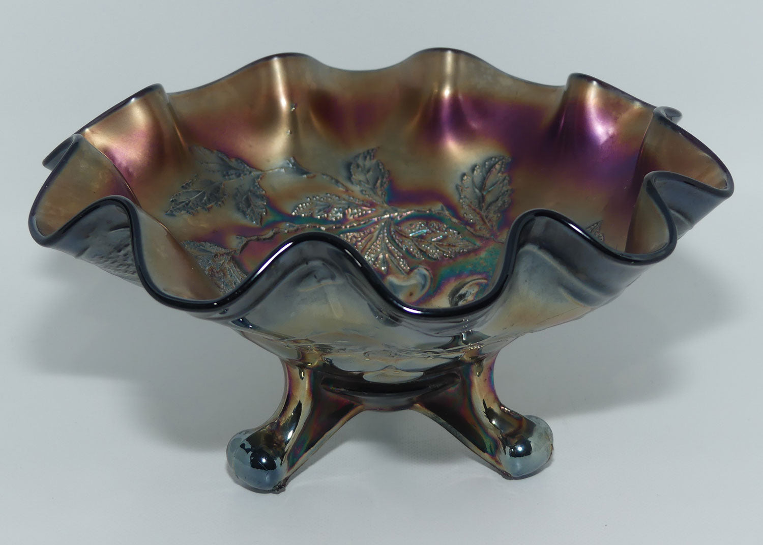 Dugan Amethyst Carnival Glass tri footed bowl | Cherries