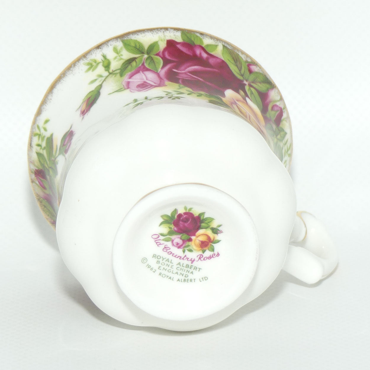 Royal Albert Bone China England Old Country Roses coffee duo | © 1962 Royal Albert Ltd backstamp