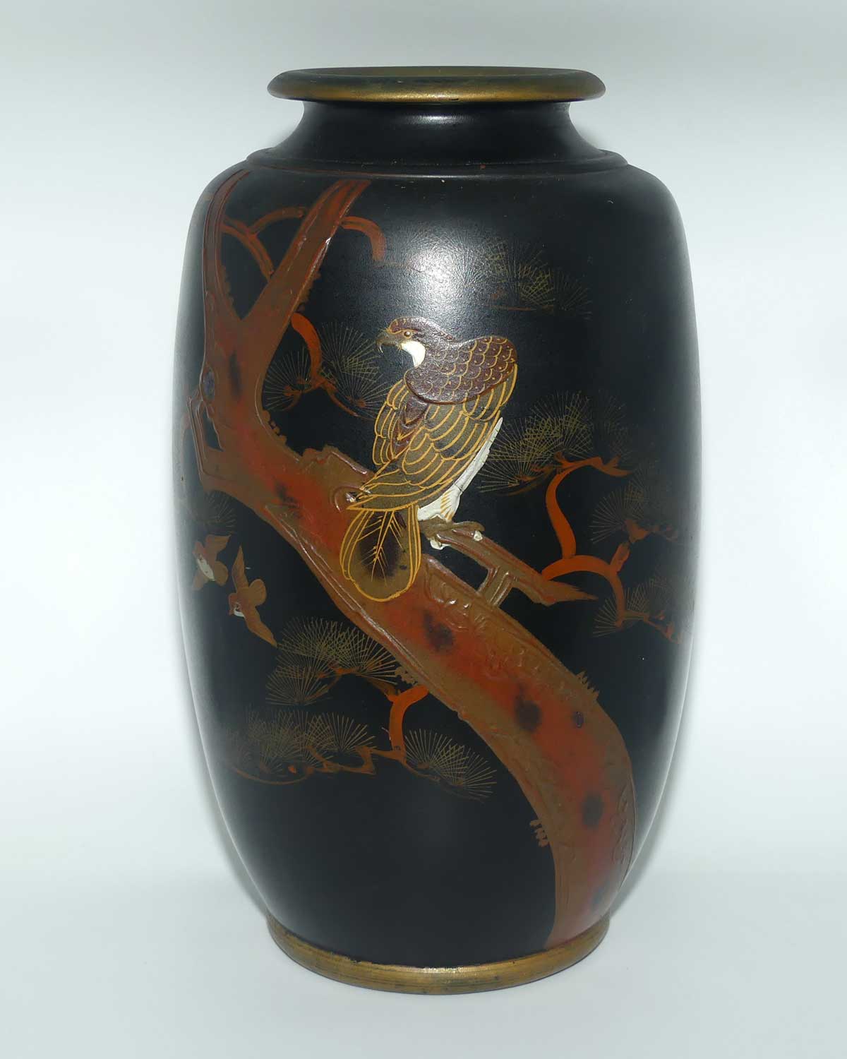 Japanese Hand Enamelled on Clay vase depicting Eagle | set with Abalone