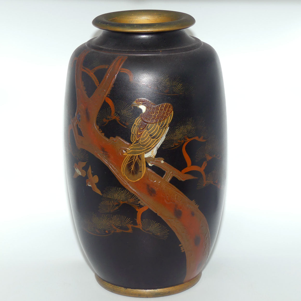 Japanese Hand Enamelled on Clay vase depicting Eagle | set with Abalone