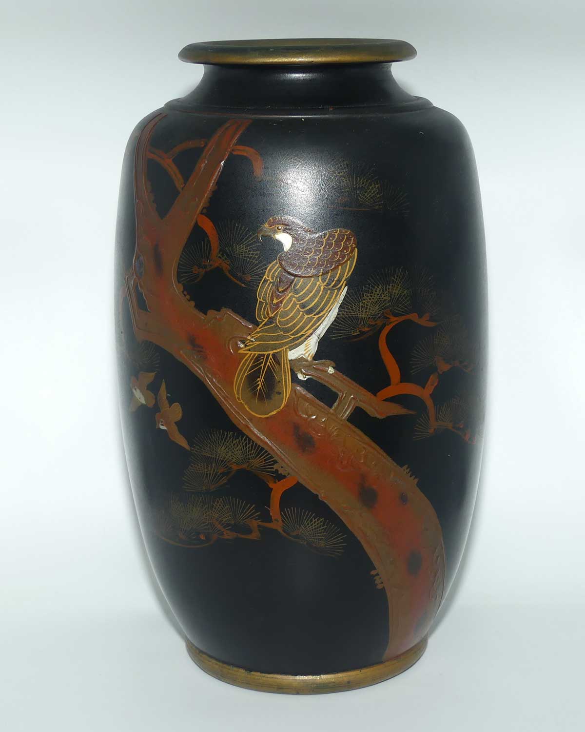 Japanese Hand Enamelled on Clay vase depicting Eagle | set with Abalone