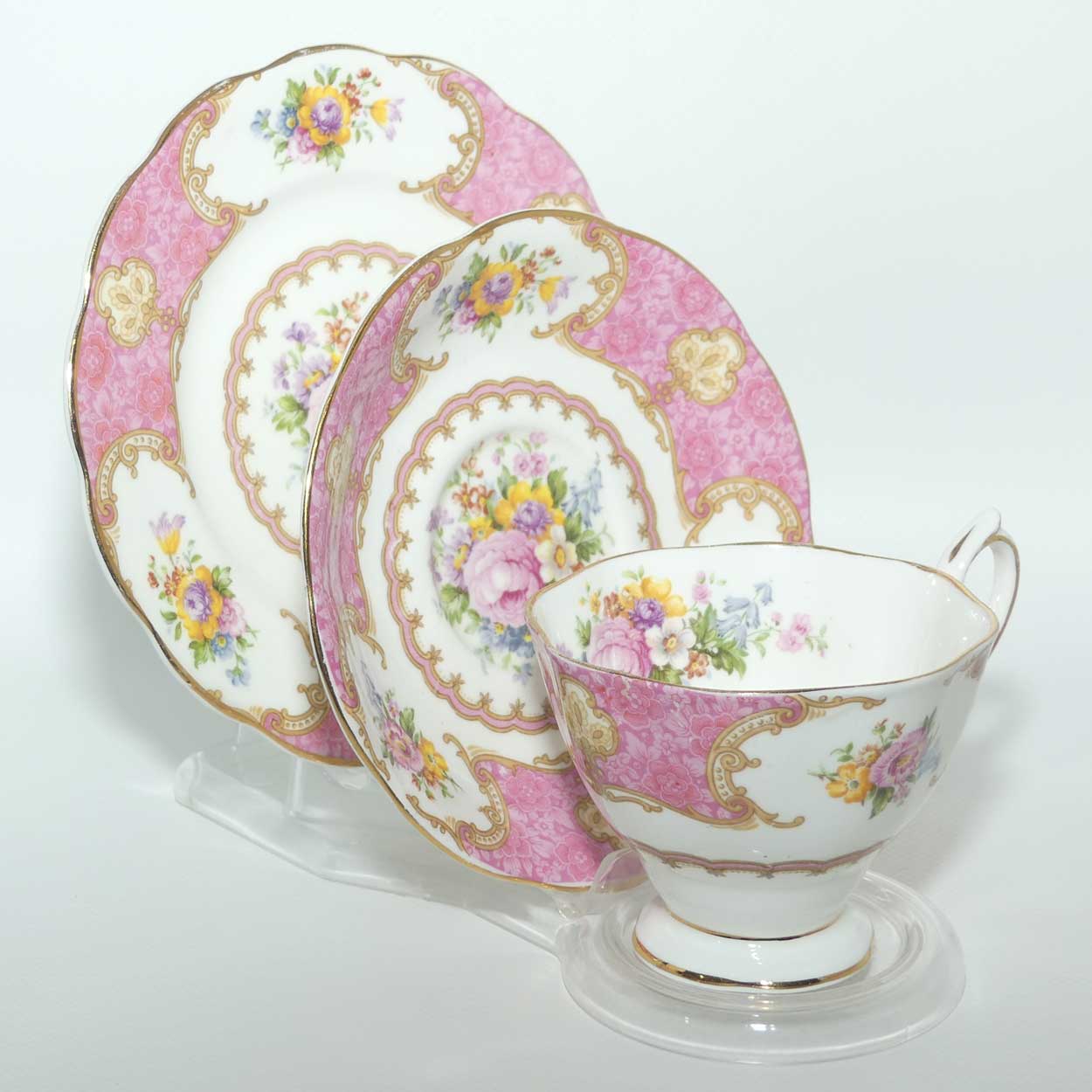 Royal Albert Bone China Lady Carlyle trio | Pink | Malvern | early Regd basestamp