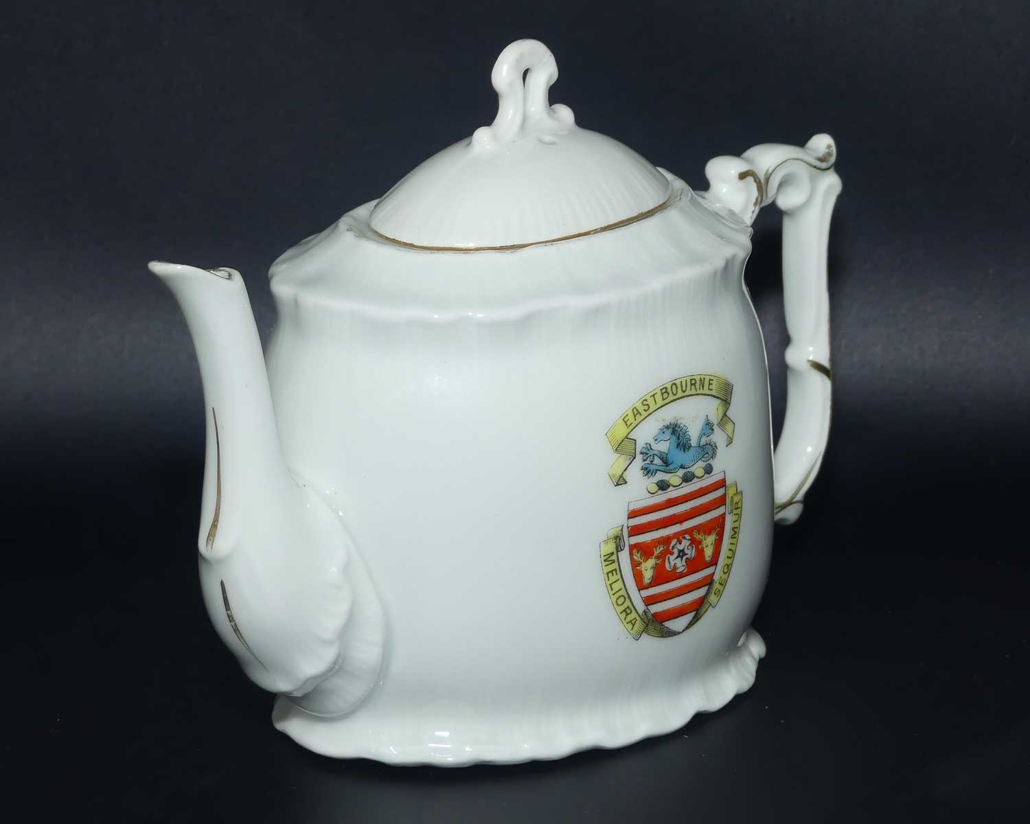 Souvenir tea pot | Depicts Crest of Eastbourne Meliora Sequimir c.1905