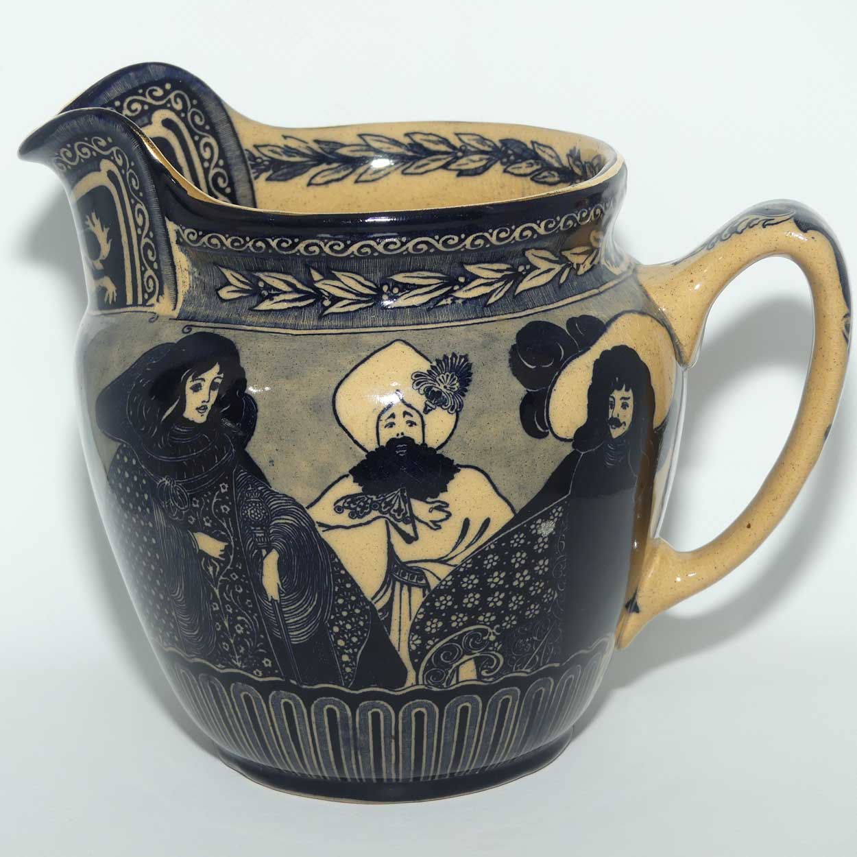 Royal Doulton Flow Blue on Whieldon jug | Depicts Will H. Bradley's Eastern Figures