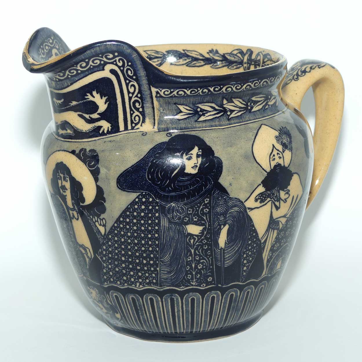 Royal Doulton Flow Blue on Whieldon jug | Depicts Will H. Bradley's Eastern Figures