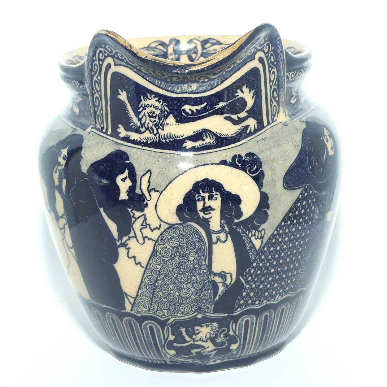 Royal Doulton Flow Blue on Whieldon jug | Depicts Will H. Bradley's Eastern Figures