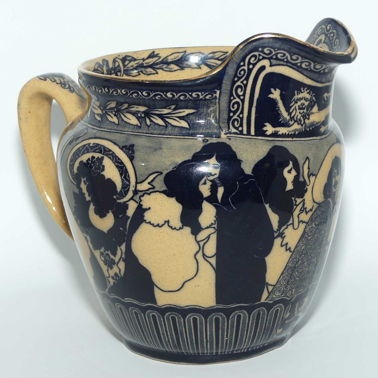 Royal Doulton Flow Blue on Whieldon jug | Depicts Will H. Bradley's Eastern Figures