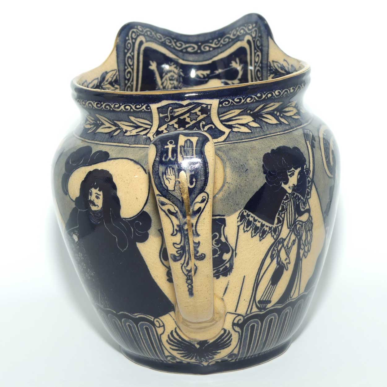 Royal Doulton Flow Blue on Whieldon jug | Depicts Will H. Bradley's Eastern Figures