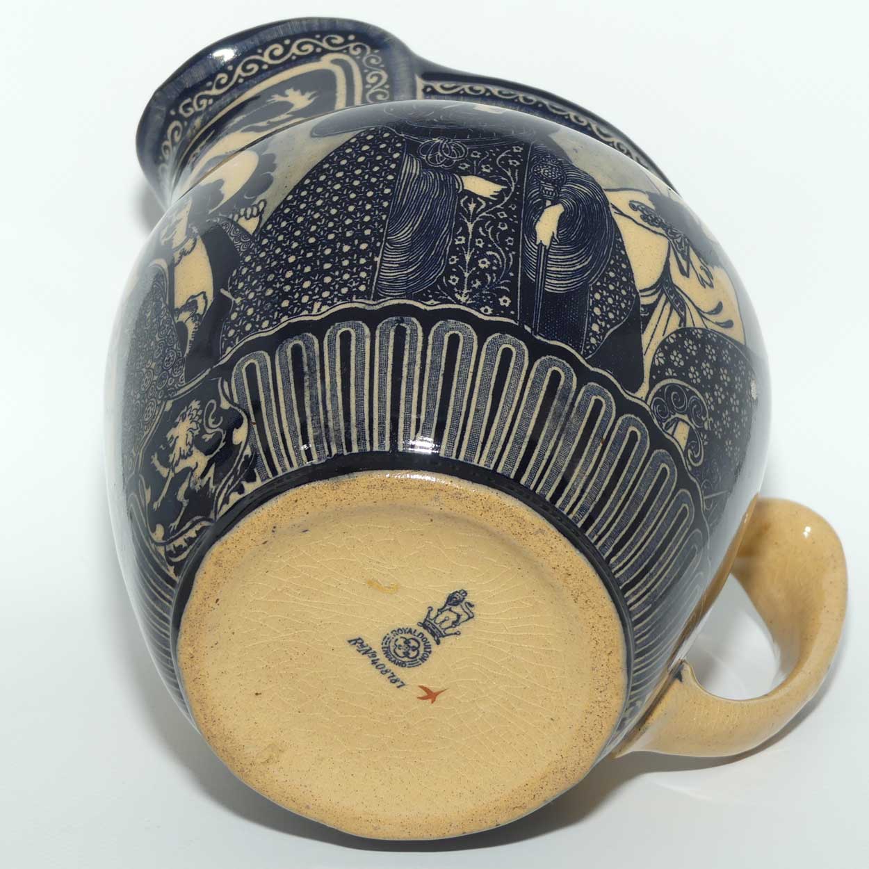 Royal Doulton Flow Blue on Whieldon jug | Depicts Will H. Bradley's Eastern Figures