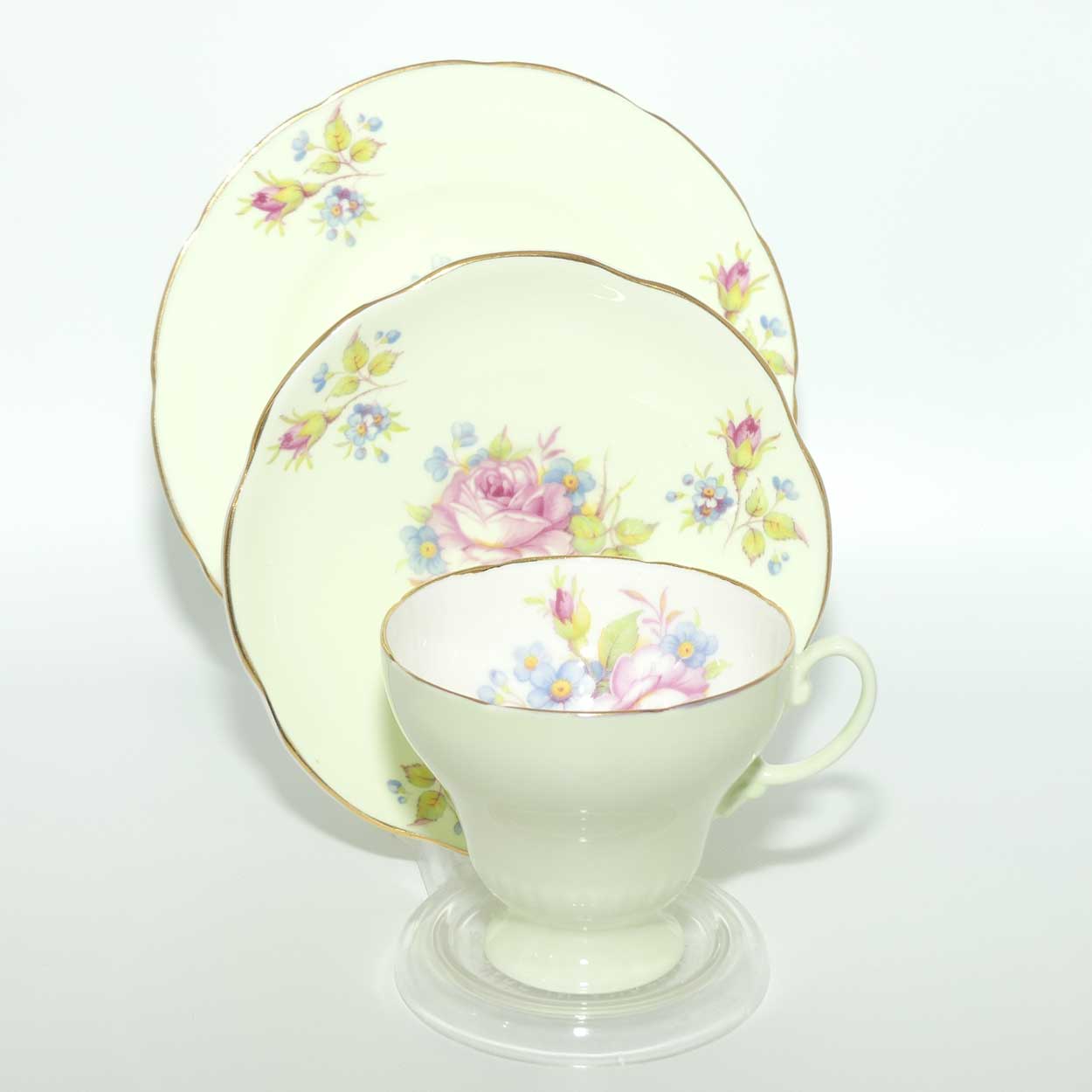 EB Foley Bone China Floral Spray trio | Light Green wash | Footed cup