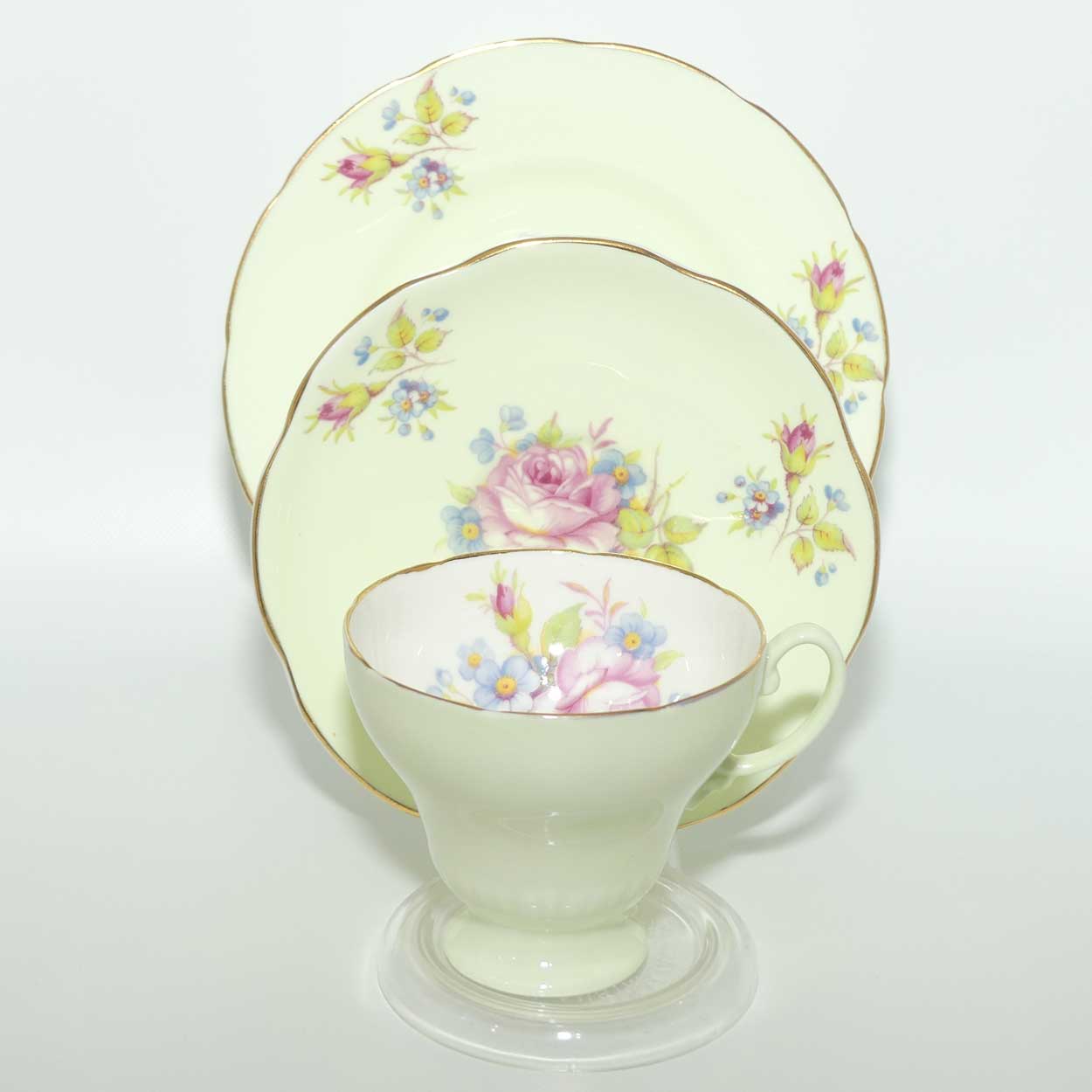 EB Foley Bone China Floral Spray trio | Light Green wash | Footed cup
