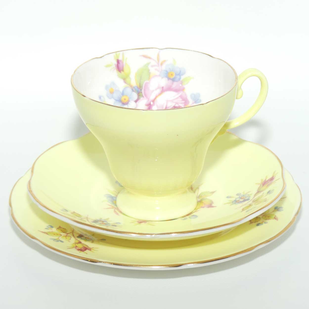 EB Foley Bone China Floral Spray trio | Buttercup Yellow wash | Footed cup