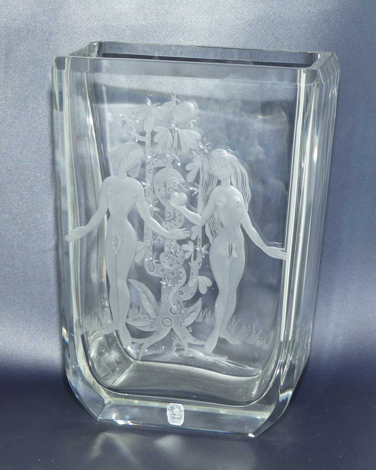 Kosta Sweden Engraved Adam and Eve | Garden of Eden vase by Elis Bergh