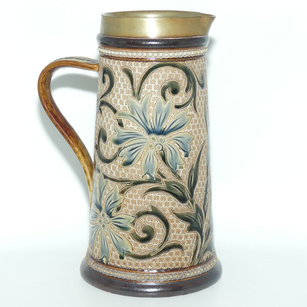 Doulton Lambeth Louisa E Edwards stoneware ale jug with applied beads and incised foliage