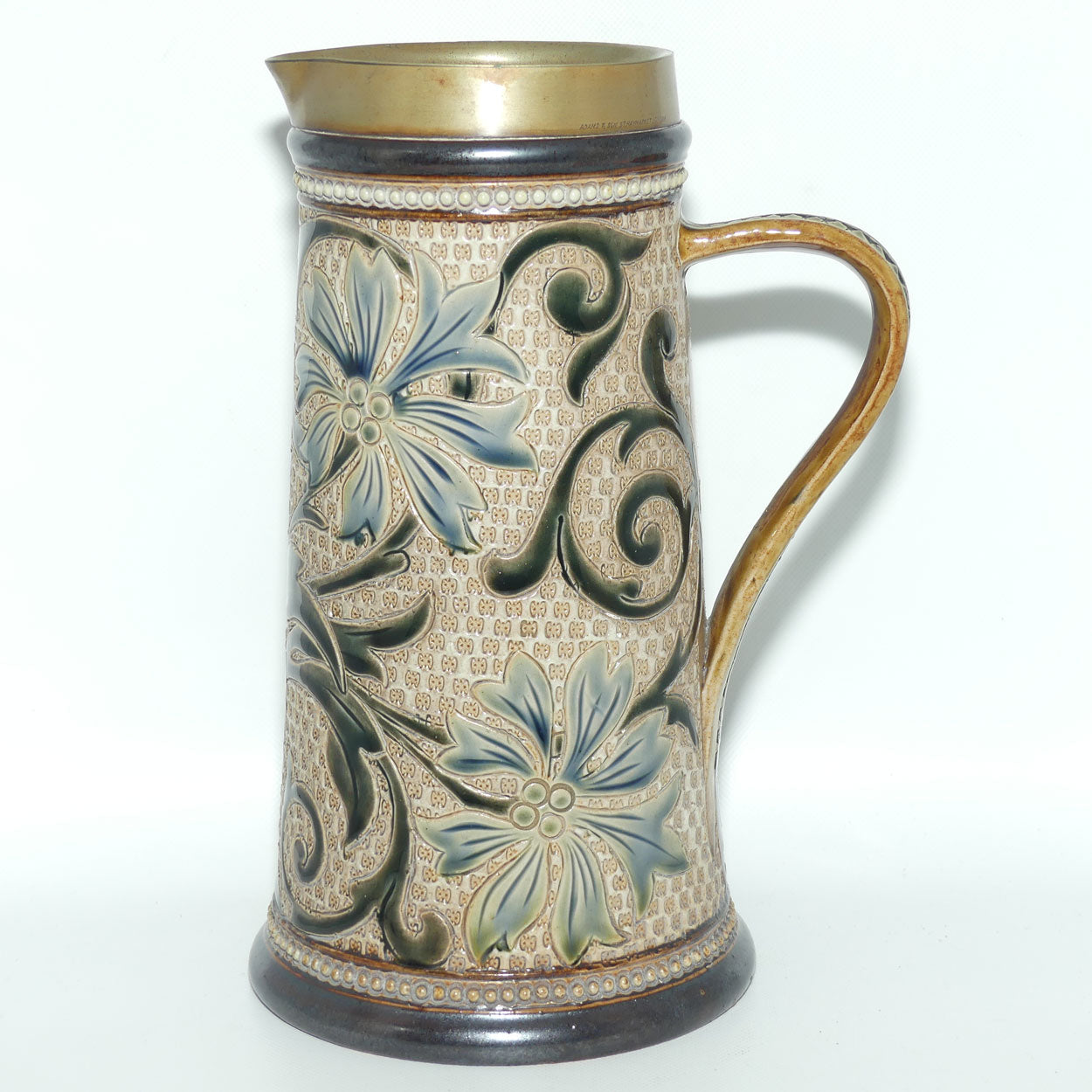 Doulton Lambeth Louisa E Edwards stoneware ale jug with applied beads and incised foliage