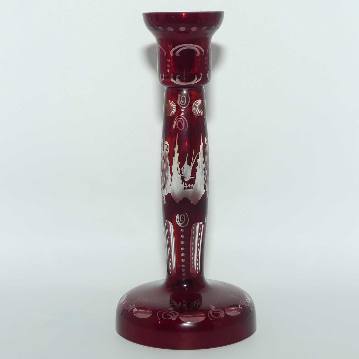 Vintage Egermann Bohemian Ruby Red Cut to Clear Glass Candlestick