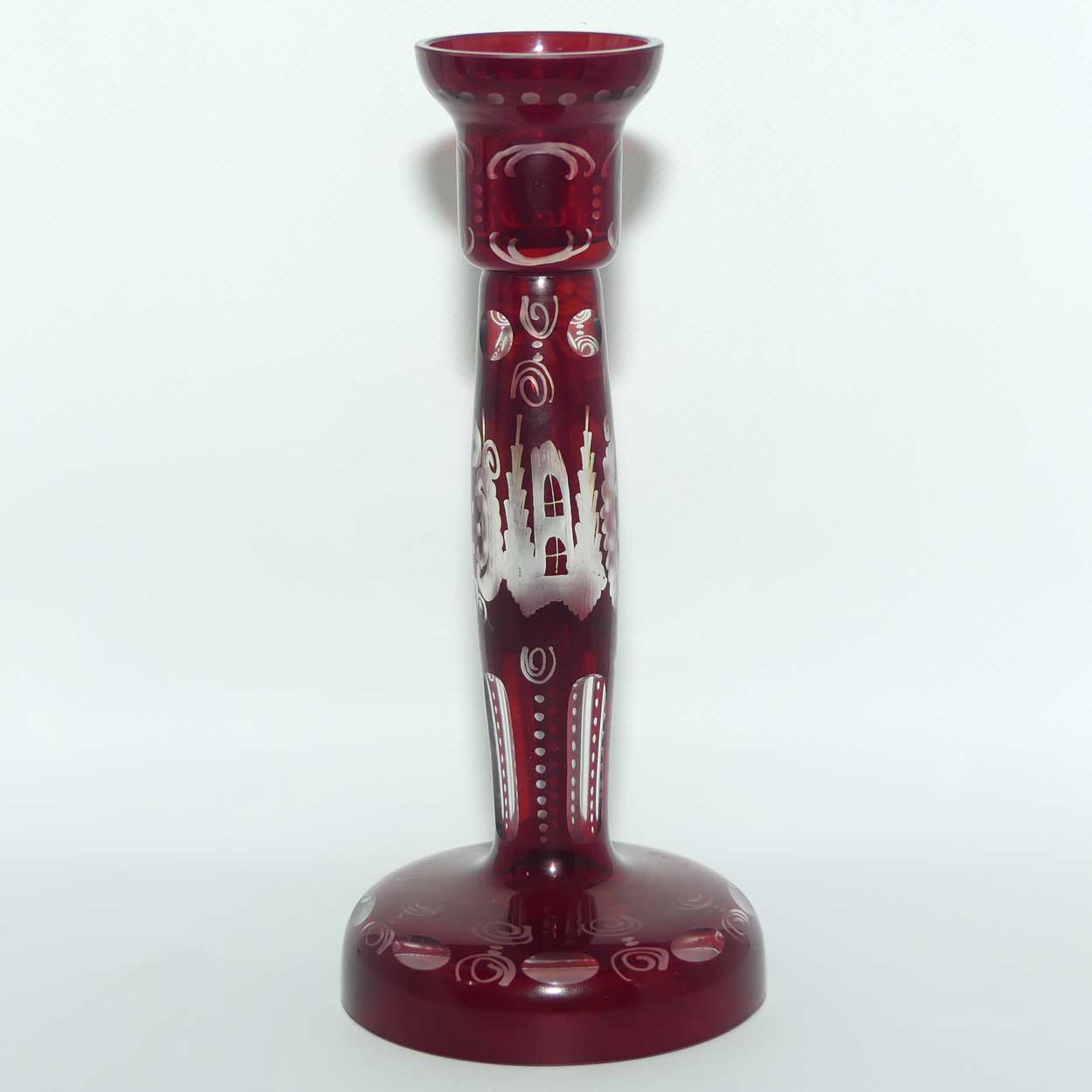 Vintage Egermann Bohemian Ruby Red Cut to Clear Glass Candlestick
