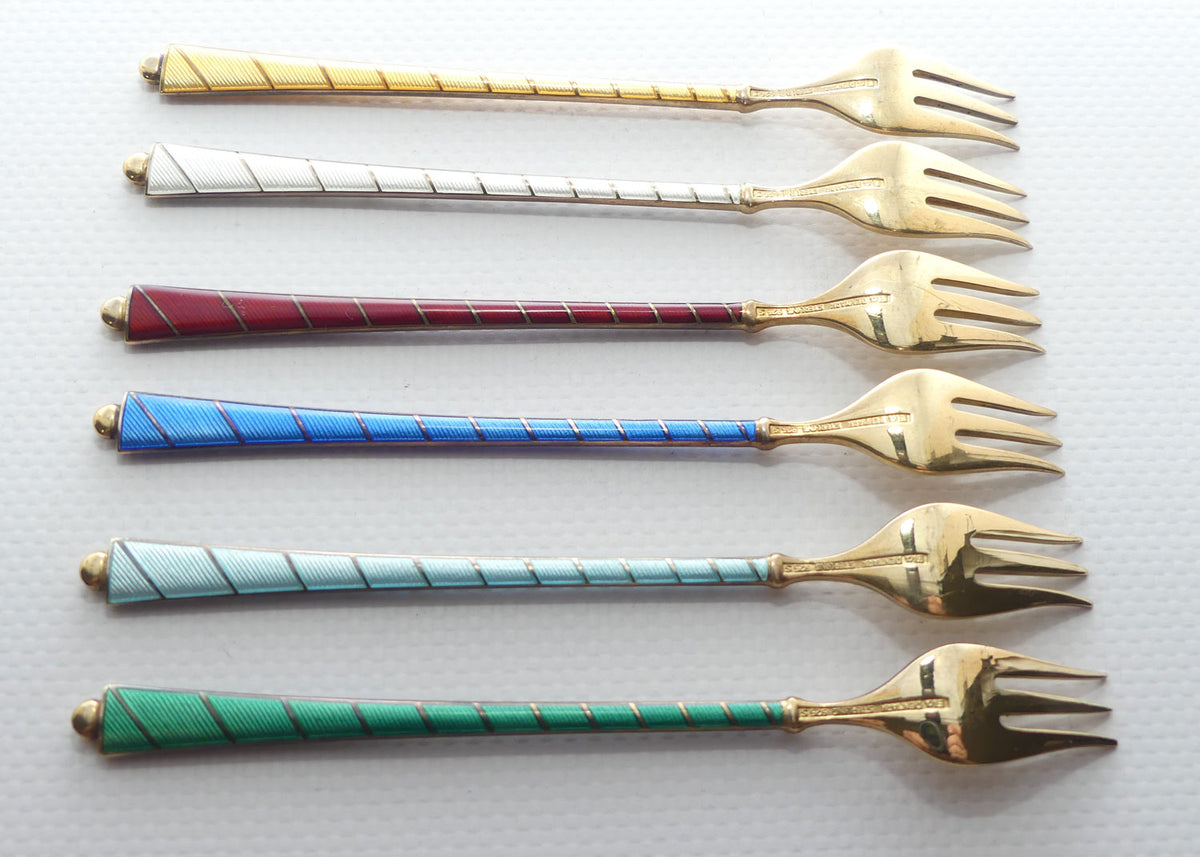 Danish Sterling Silver and Gilt Enamel | Guilloche cocktail forks by Ela Egon Lauridsen | boxed