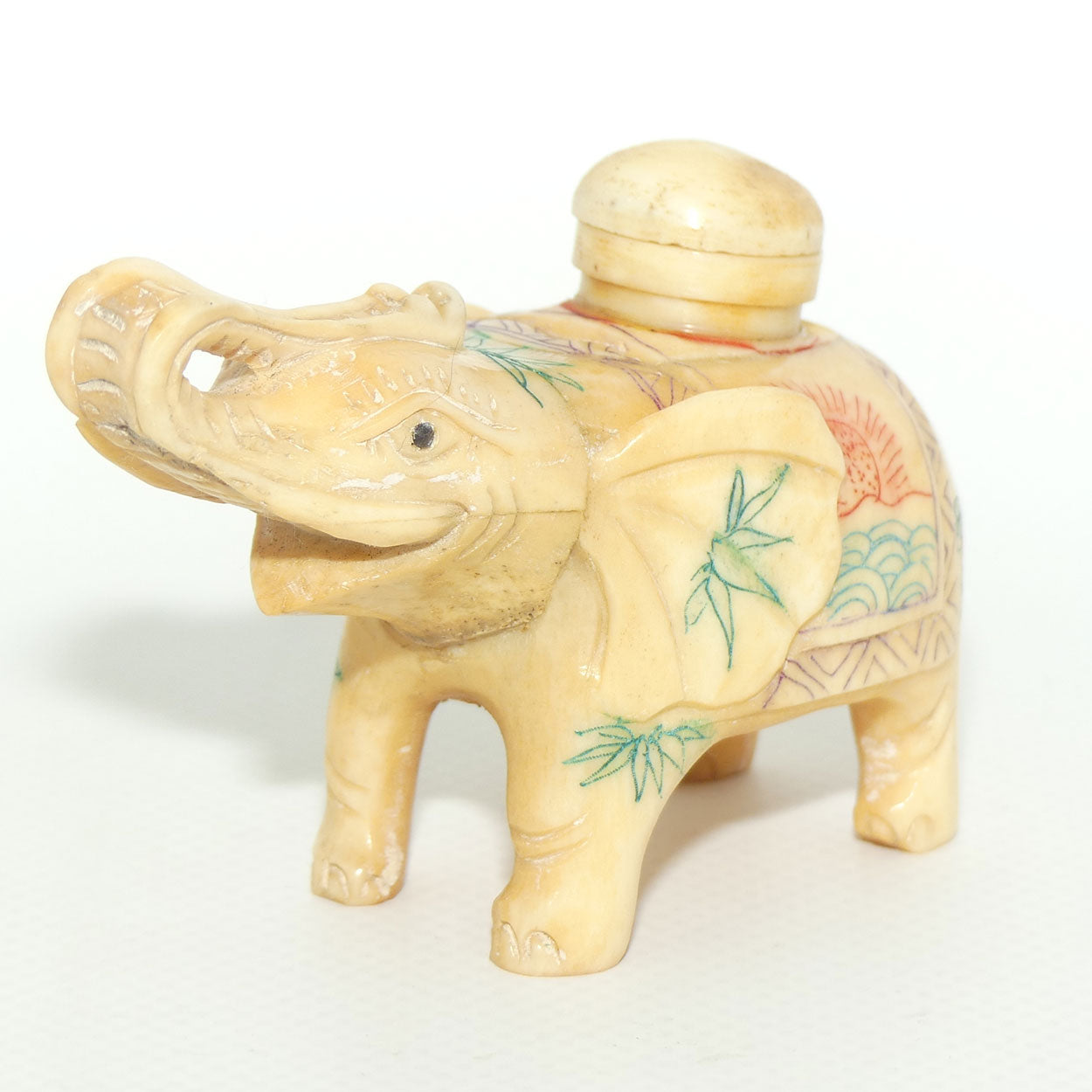 Decorated Bone Figural Elephant Snuff Bottle | Trunk in Salute