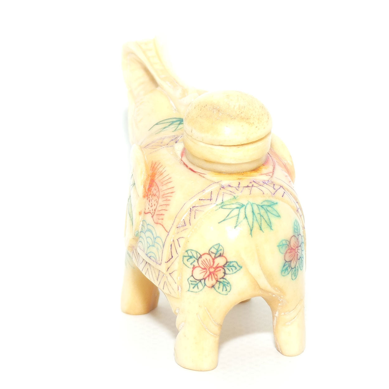 Decorated Bone Figural Elephant Snuff Bottle | Trunk in Salute