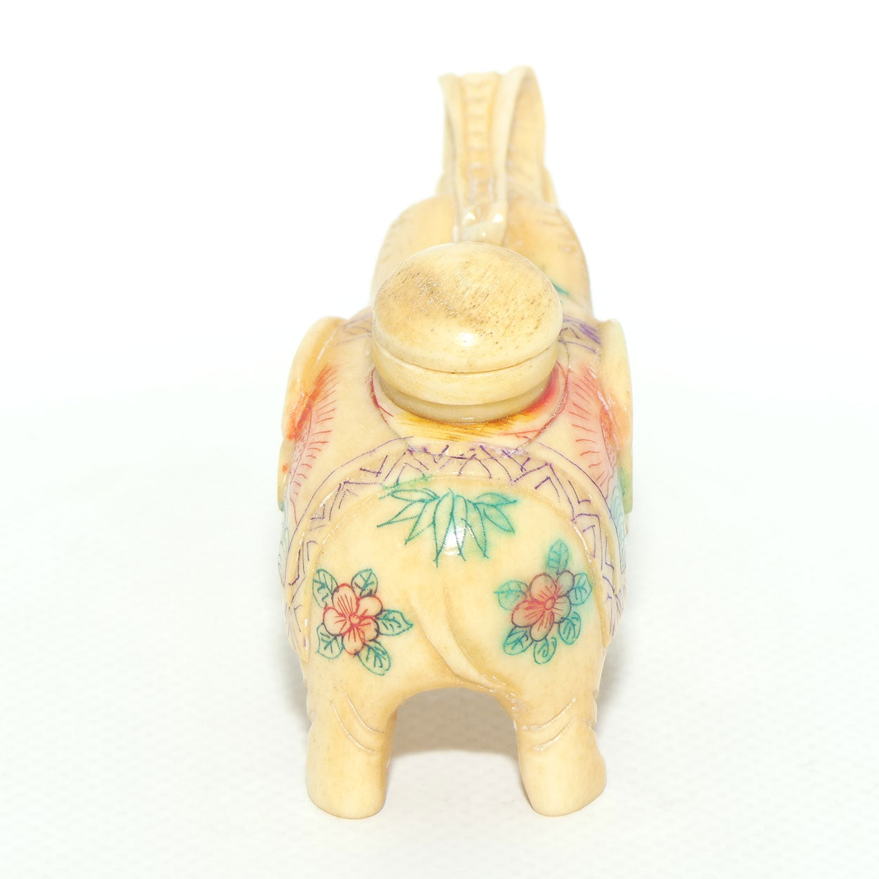 Decorated Bone Figural Elephant Snuff Bottle | Trunk in Salute