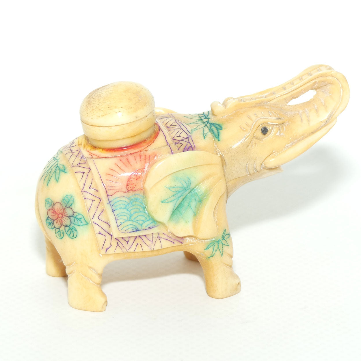 Decorated Bone Figural Elephant Snuff Bottle | Trunk in Salute