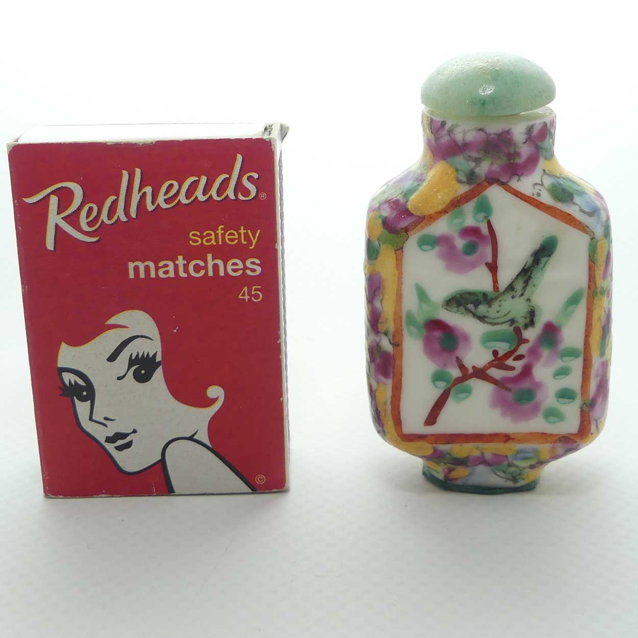 Finely embossed and Painted Oriental Bird scene Snuff Bottle | small