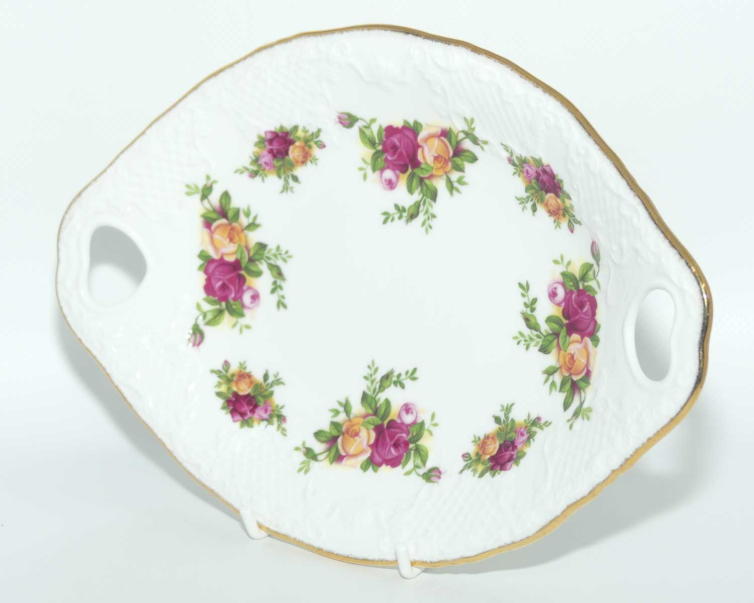 Royal Albert Bone China England Old Country Roses embossed border twin handle tray | 24cm wide | © 1962 Royal Albert Ltd backstamp