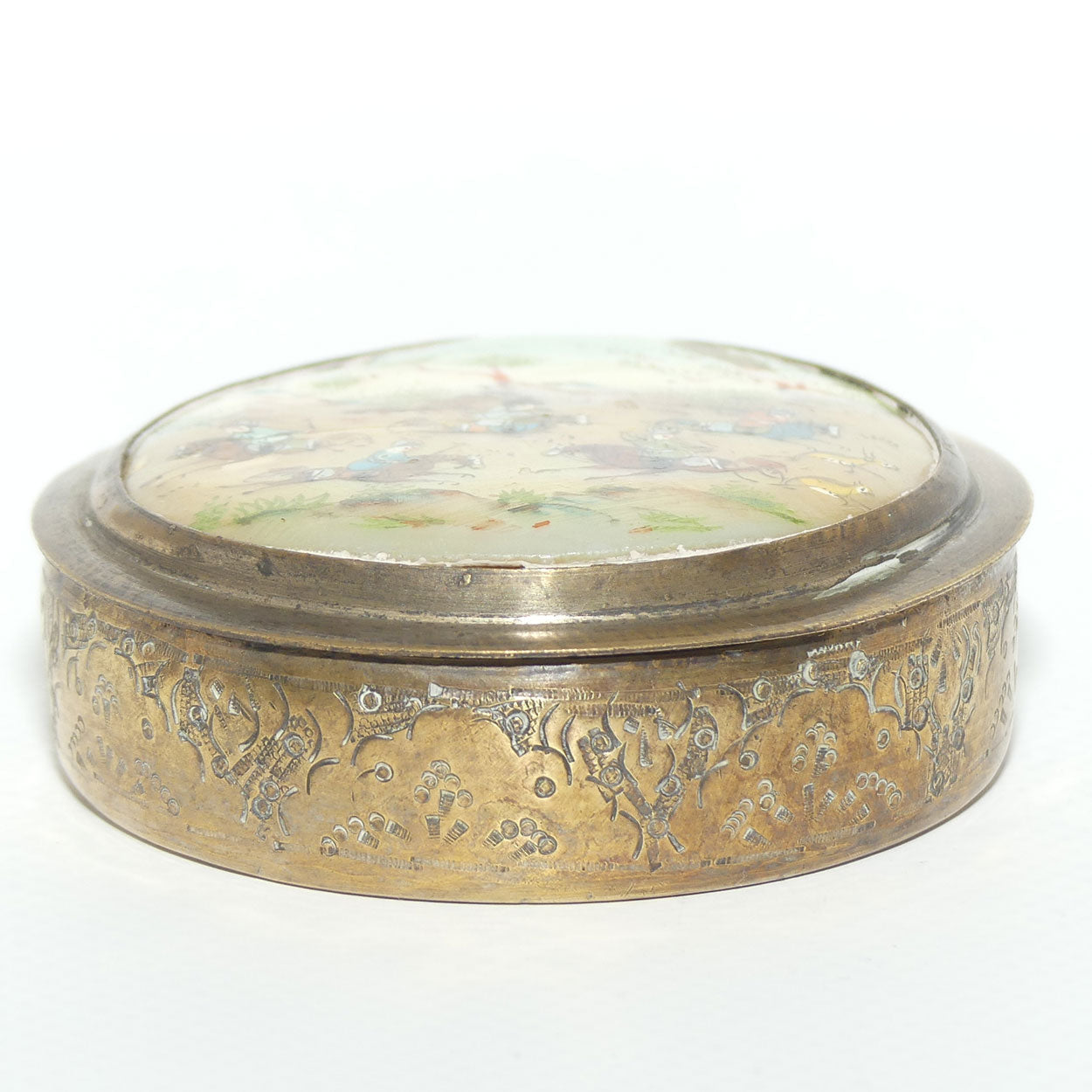 Oriental or Persian Round Snuff Box | Scene painted on Mother of Pearl
