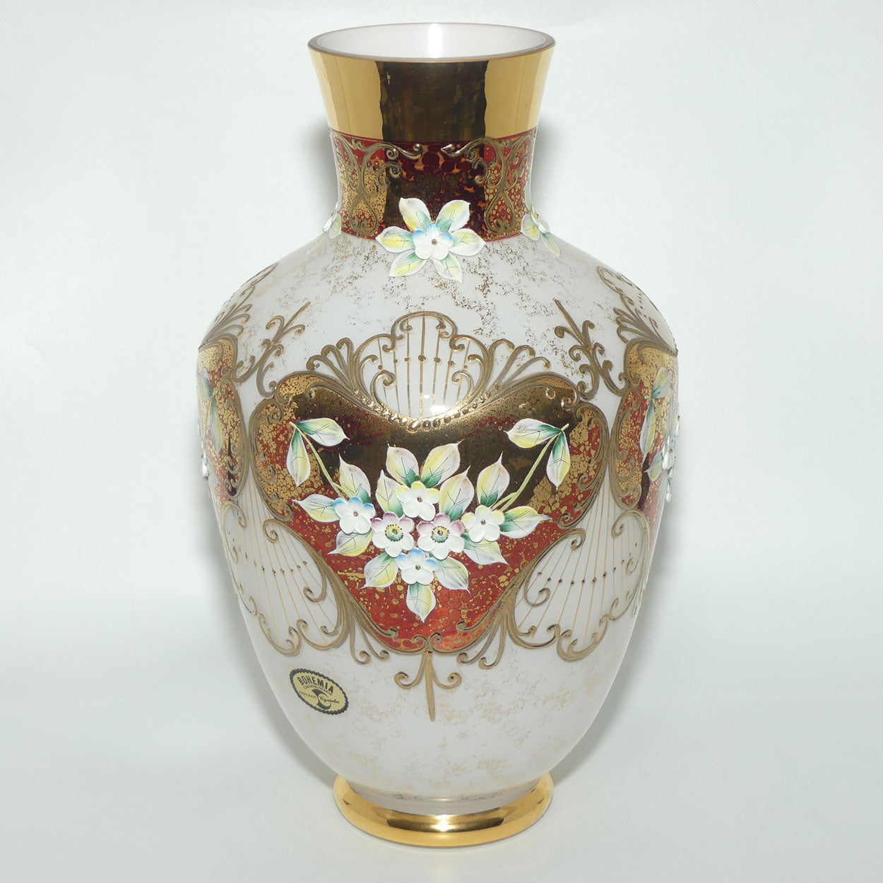 Bohemian Art Glass hand enamelled and gilt floral vase