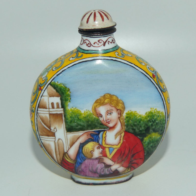 Chinese Colorful Enamel Copper Hand Painted Snuff Bottle Fishing Theme factory 2.75”