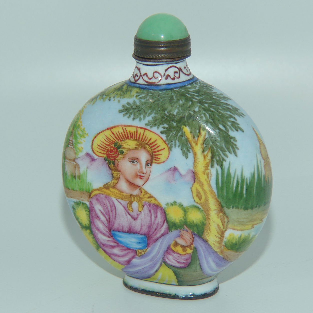 Chinese Hand Painted Enamel on Copper Snuff bottle | European Ladies on Either side