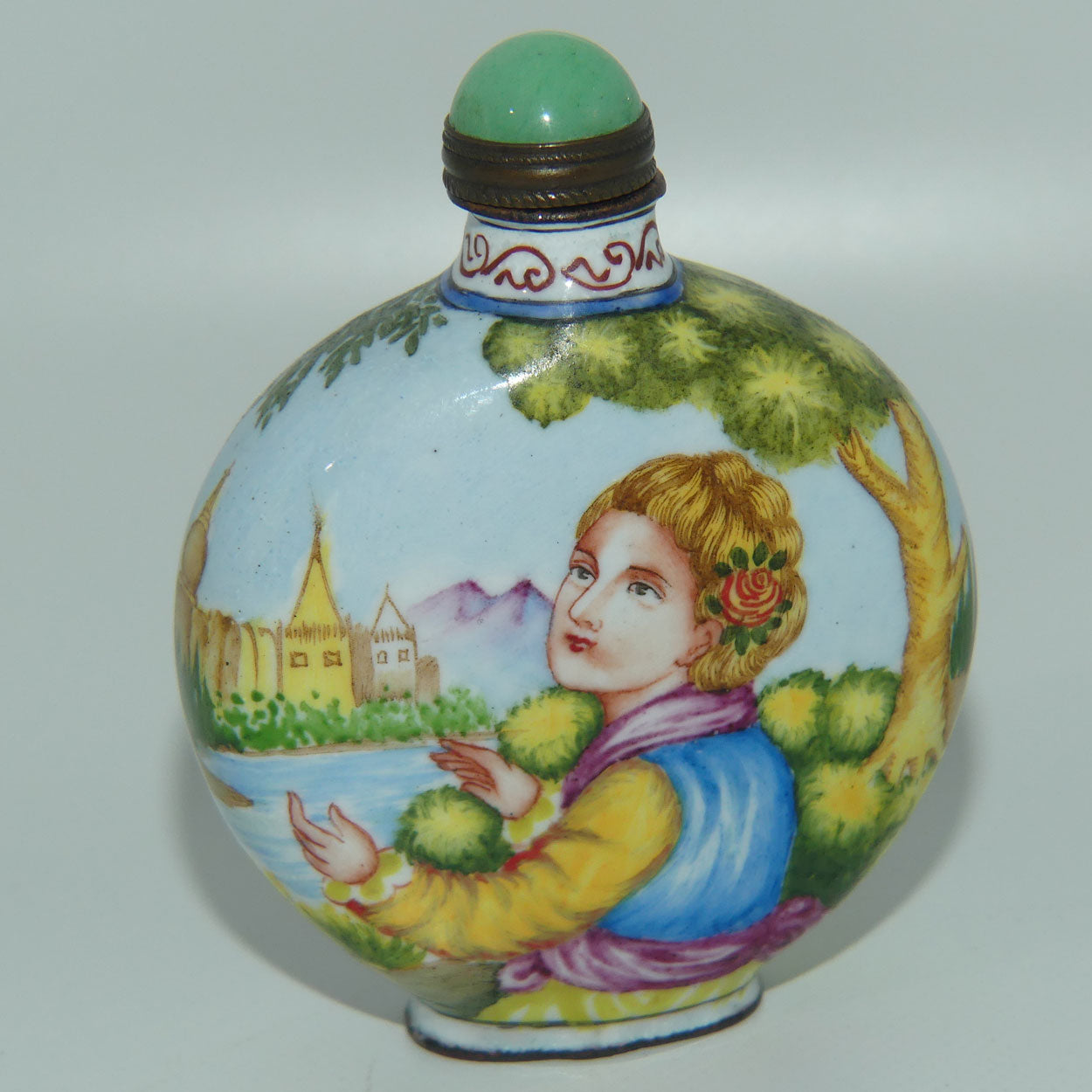 Chinese Hand Painted Enamel on Copper Snuff bottle | European Ladies on Either side