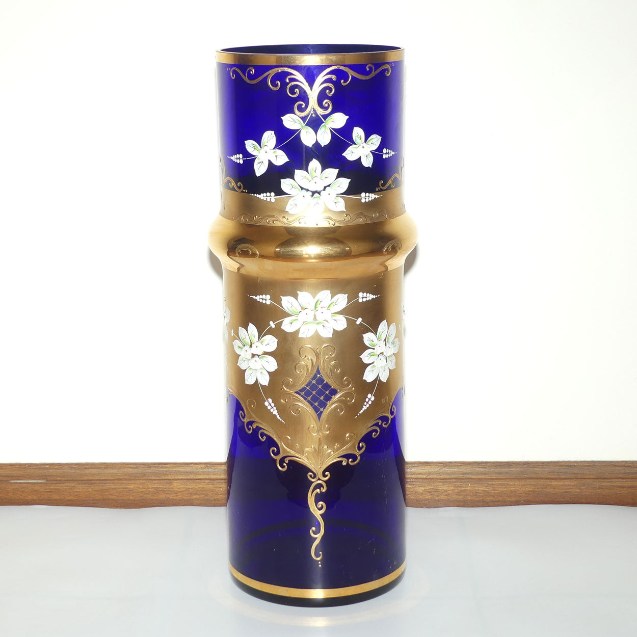 Bohemia Crystal Slavia Glassworks Rich Blue and Gilt, Floral enamelled vase | 60cm