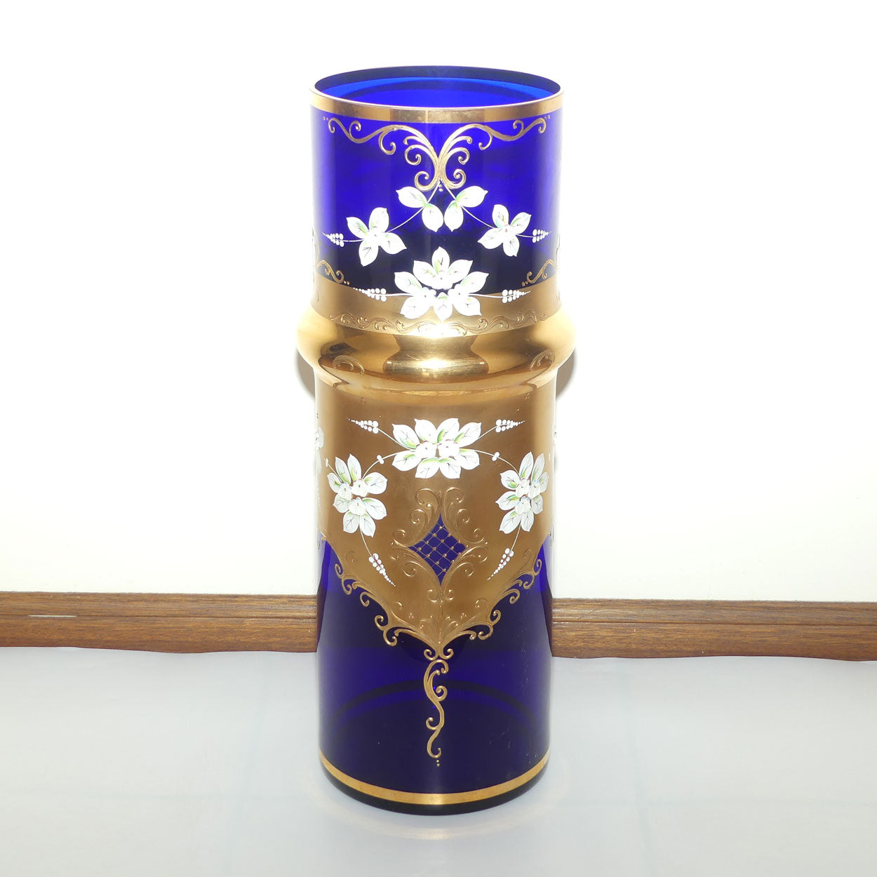 Bohemia Crystal Slavia Glassworks Rich Blue and Gilt, Floral enamelled vase | 60cm